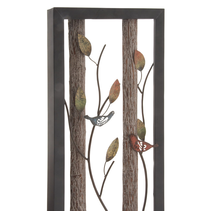 Black Metal Bird Wall Decor with Multicolored Leaves and Wood Detailing, Set of 2