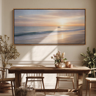 Large Framed Canvas Wall Art - Calm Ocean Sunrise Seascape Decor - 60"x20", 60"x30"