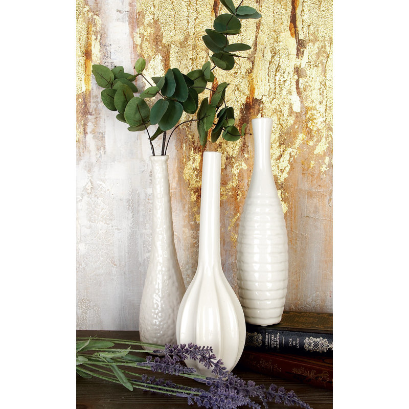 Ceramic Slim Textured Bottleneck Decorative Vase with Varying Patterns Set, White