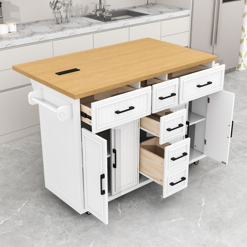 Rolling Kitchen Island Cart with Drop Leaf, Power Outlet, 5 Drawers and Adjustable Shelves, White