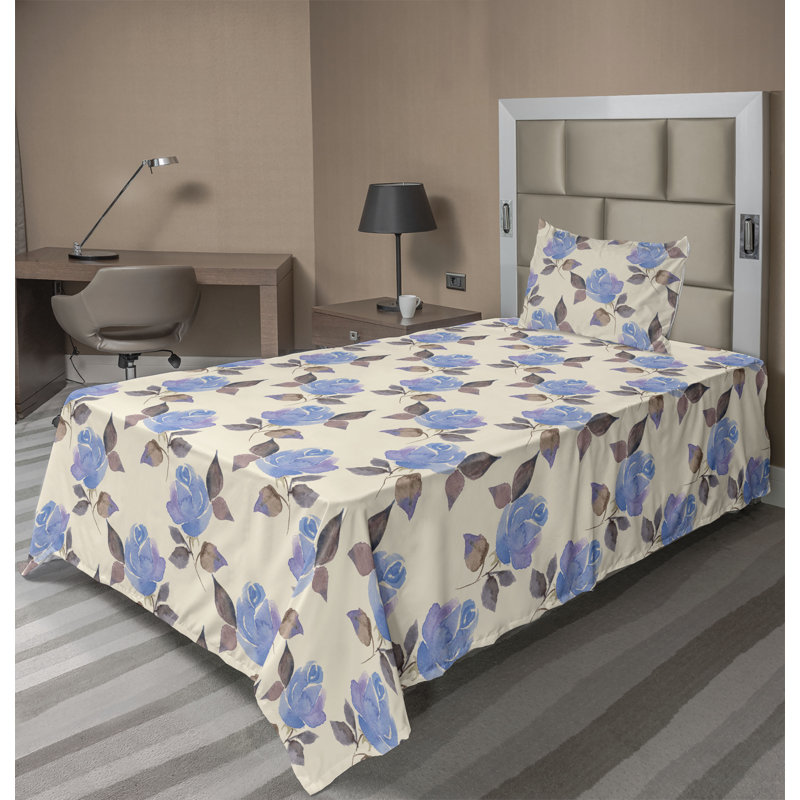 Ambesonne Watercolor Botany Sheet Set 4 Pcs Retro Boho Bloom, Twin Sheet Set with 1 Pillowcase