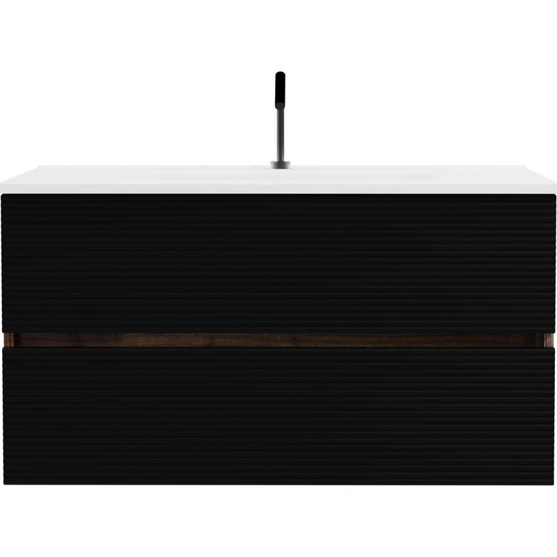 Meuble-lavabo moderne de 36 po noir et noyer doux, lavabo intégré, flottant pour salle de bain, agencement de couleurs Kd, tiroirs fermés, poignée élégante, meuble-lavabo de rangement amélioré en noyer, design,