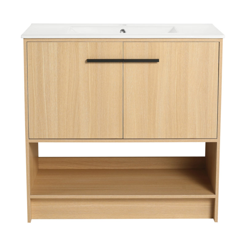 Meuble-lavabo de 36 pouces avec lavabo en céramique et 2 portes à fermeture douce, armoire autoportante en contreplaqué durable