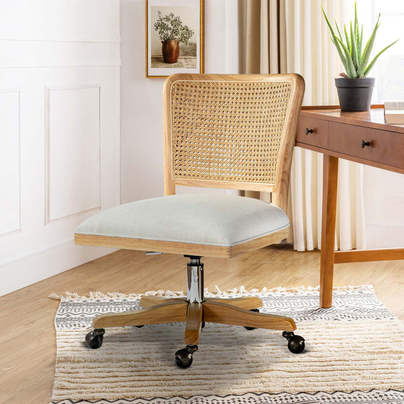 Achel Modern Armless Swivel Office Chair with Rattan Back, Linen