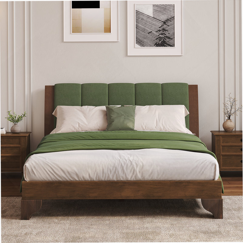 Cadre de lit grand en bois de pin de qualité supérieure, cadre de lit grand avec tête de lit inclus, lit Mid Century Modern, couleur noyer et vert