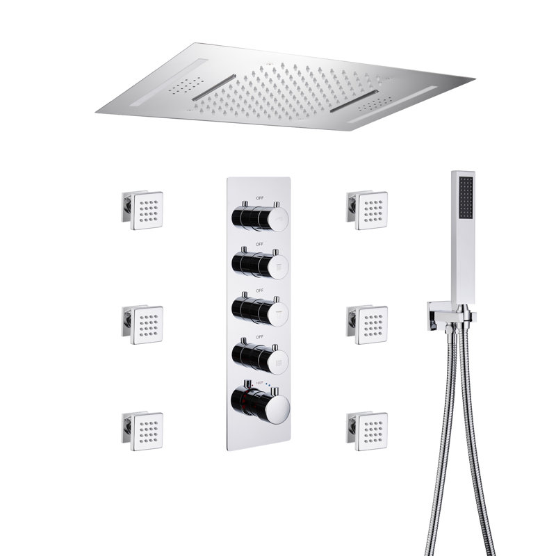 Brushed Gold Large Dual Rectangle Ceiling Mounted Shower System with LED and Bluetooth