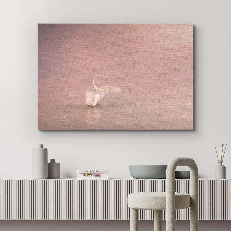 Cygne au lac rose pastel sur toile, Toile tendue, H 32 po x l 48 po x P 1,5 po