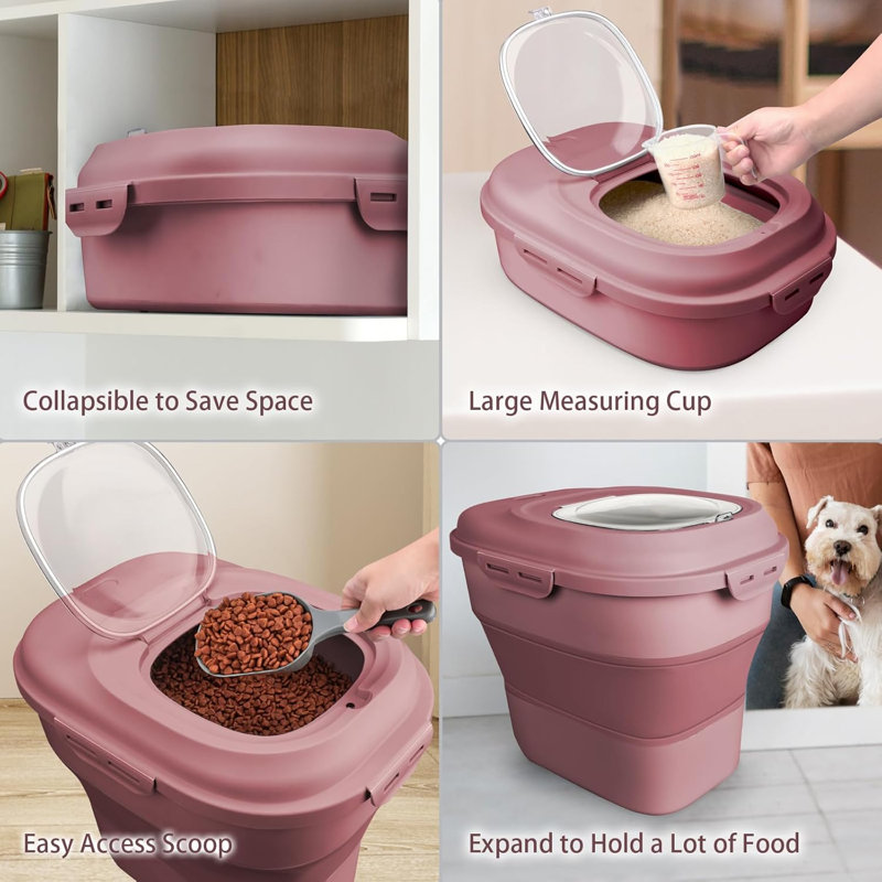 Bac de rangement pliable 13-50 Lbs, contenant hermétique pour riz et nourriture pour animaux avec roues, rose