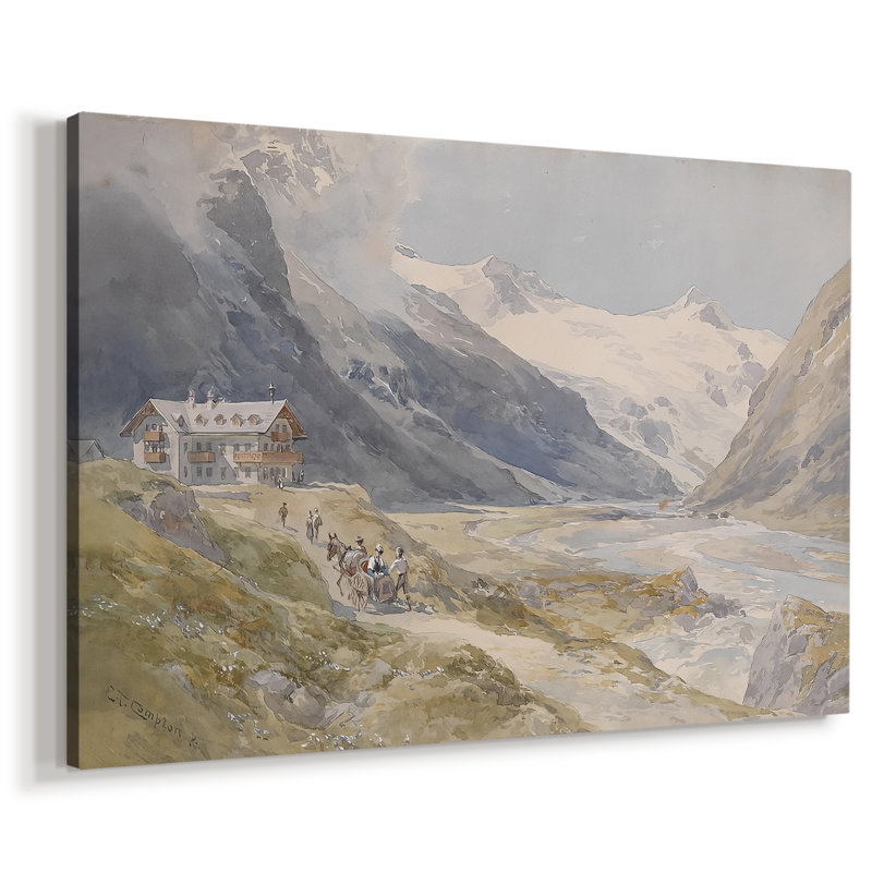 Vallée alpine avec Hotel-Edward Theodore Compton-Toile tendue avec châssis-c. Fin du 19e siècle / début du 20e siècle, 32x48