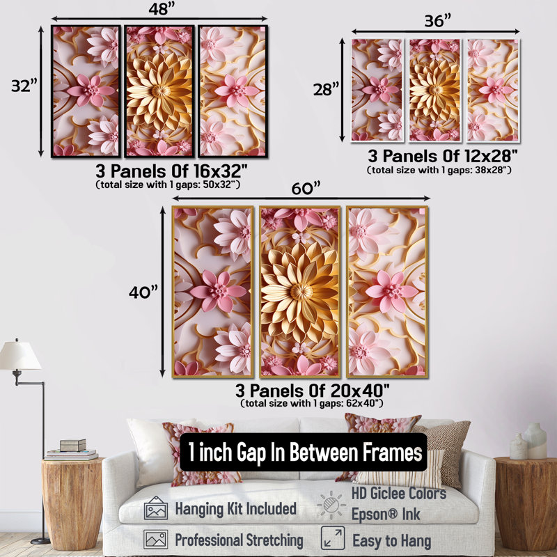 Ensemble de reproduction d'art mural Golden Golden Lotus Essence - Boho Mandala, Cadre flottant doré
