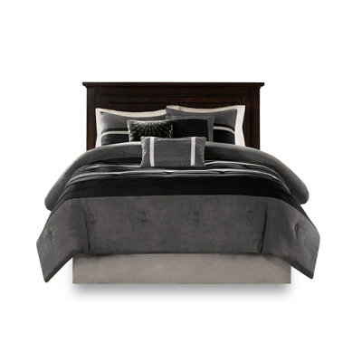 7 Piece Comforter - King, Black Faux Suede With Fashionable Style King Pc Cover