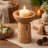 Decorative Candle Holder With Tree Stump Base, 8 Inch Brown Teak Wood