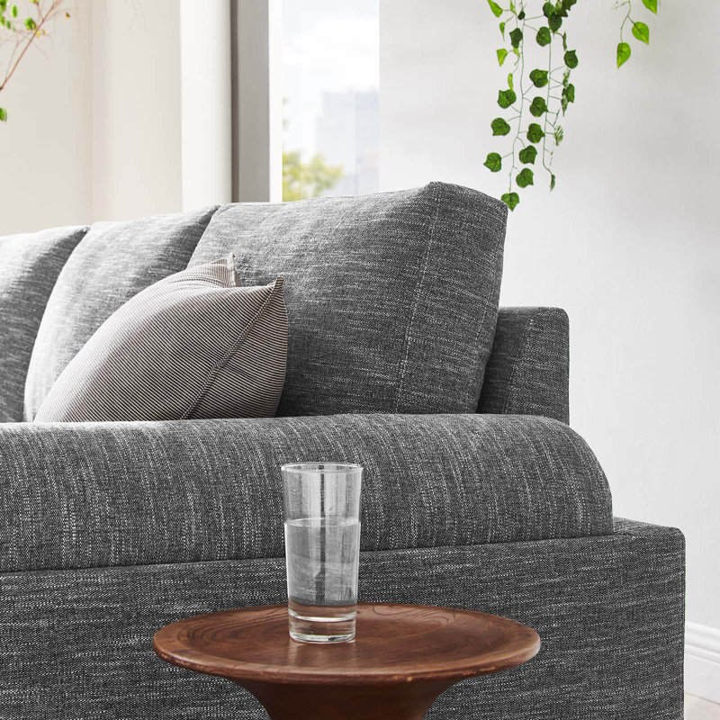 Gray Faux Leather Modern Sofa with Brown Wood Base
