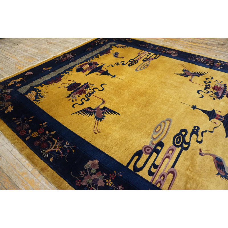 Antique Chinese - Art Deco Yellow Room Size 1920s Rectangle Wool Knotted Rug