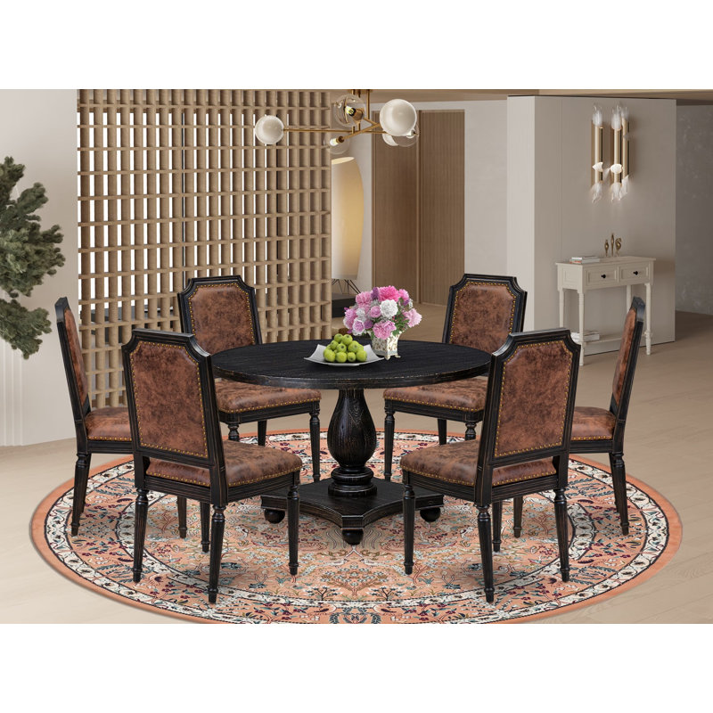 Cet ensemble de salle à manger moderne 7 pièces comprend une table de salle à manger ronde et 6 chaises en polyester texturé brun avec dossier haut et une finition noire sablée.
