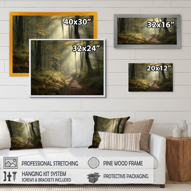 Forêt, art mural sur toile, Misty Woodland Trail - Misty Trail in the Woods I, H 12 po x l 20 po x P 1 po