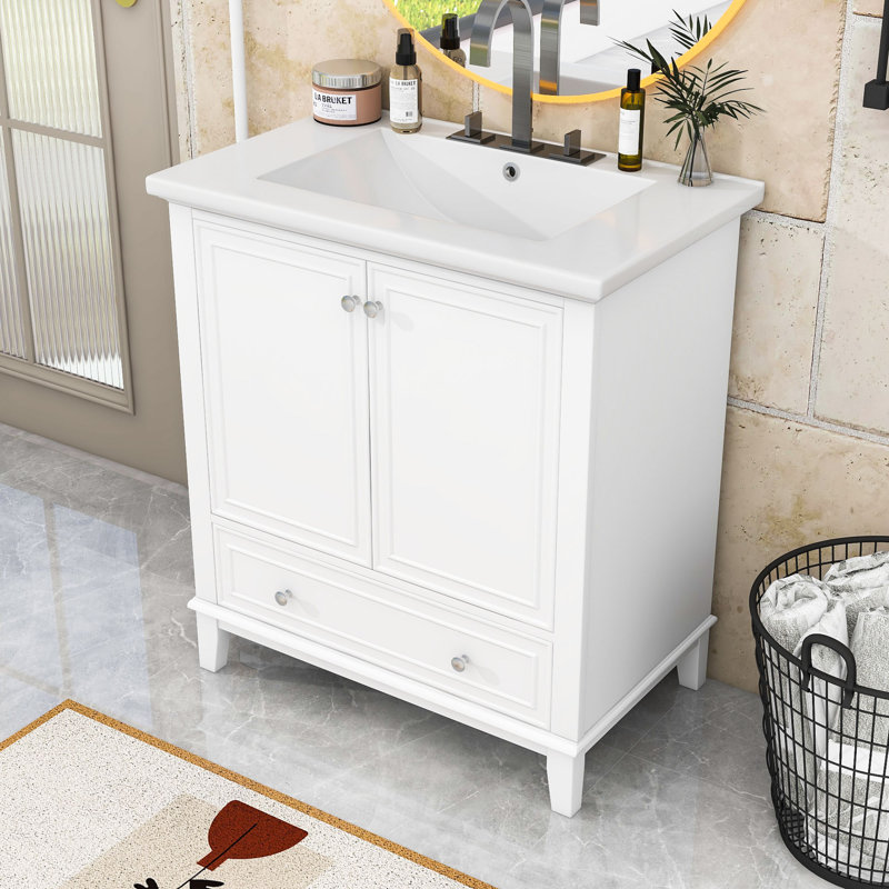 Meuble-lavabo chic de 30 pouces avec lavabo en céramique encastré et tablette réglable, Blanc