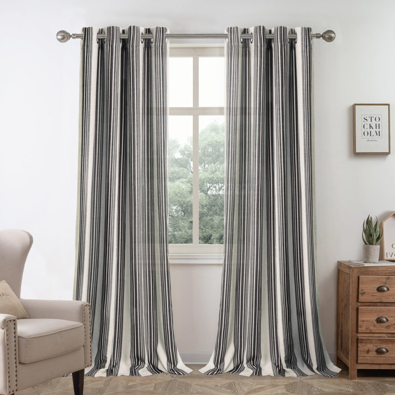 Semi Sheer Grommet Linen Chris Stripe Patterned Curtains, 52" W x 84" L, Dark Gray