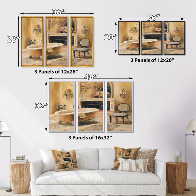 «French Bath I», ensemble d'art mural sur toile traditionnel encadré de 3, H 28 po x l 36 po x P 1 po, Noir
