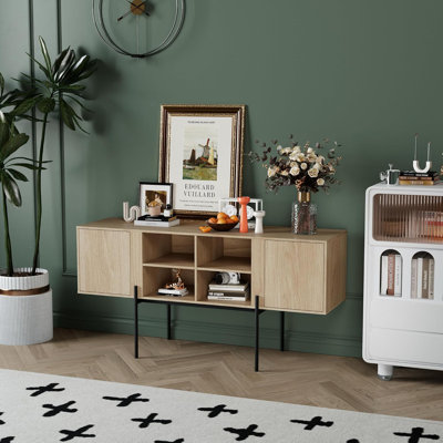 Meuble télé 55 po avec 2 tiroirs de rangement et tablette ouverte, meuble télé, console multimédia, commode 