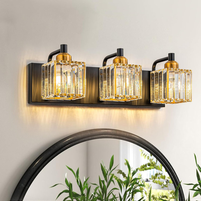 Luminaire de meuble-lavabo moderne en or noir avec abat-jour en cristal, luminaire mural à 3 lumières pour miroir, douille E26 à intensité variable, installation facile