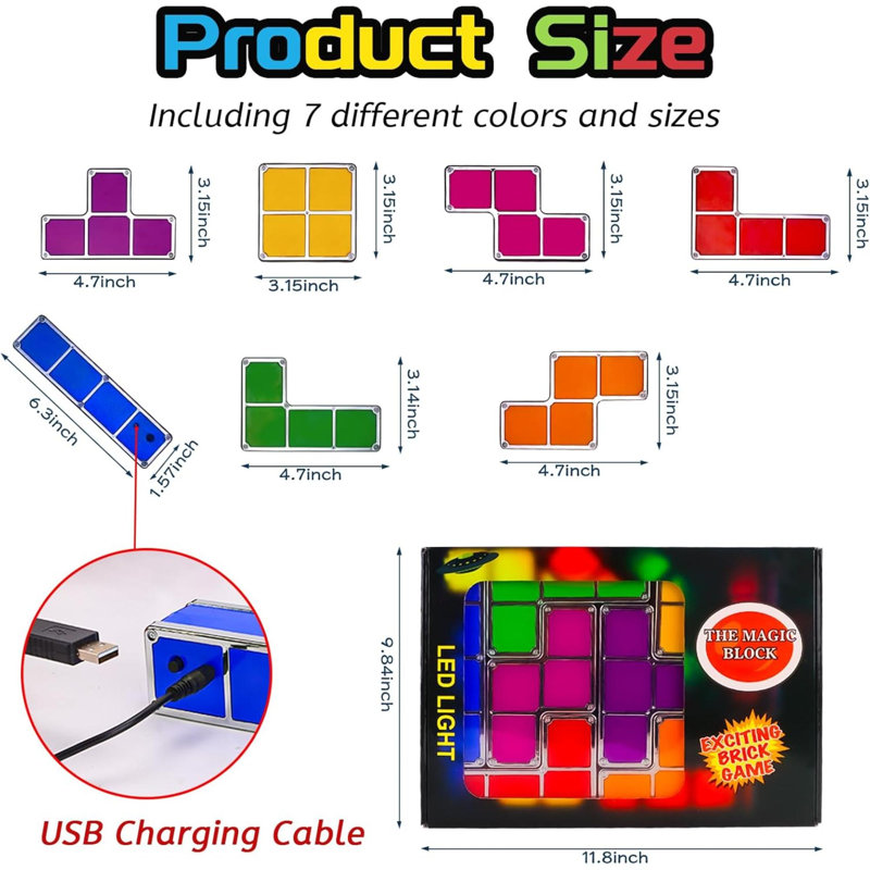 Veilleuse empilable Tangram, DEL 7 couleurs à induction, lampe de bureau à verrouillage 3D, blocs de bricolage magiques, jouets pour chambre à coucher, cadeau idéal pour l'anniversaire (USB)