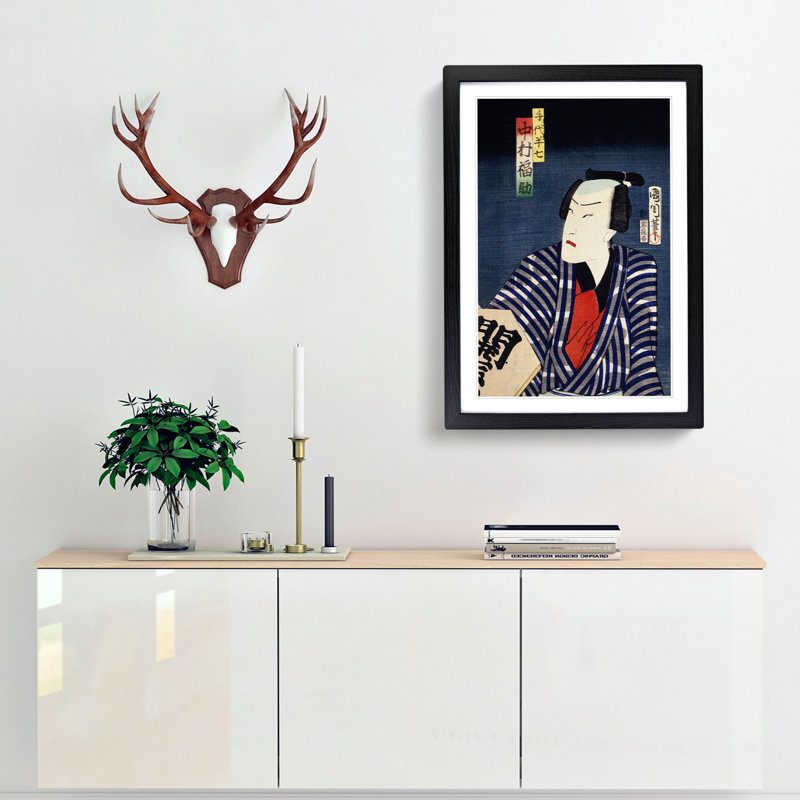 Actor in a Striped Robe by Toyohara Kunichika - Picture Frame Painting, Black, 50cm H x 35cm W x 2cm D