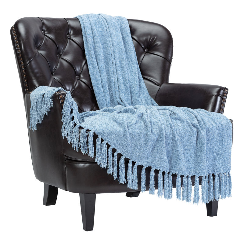 Cerulean Blue Knitted Acrylic Throw Blanket with Tassels - 50" x 65"