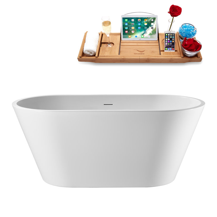 55" Streamline Soaking Glossy White Freestanding Tub and Tray With Internal Drain
