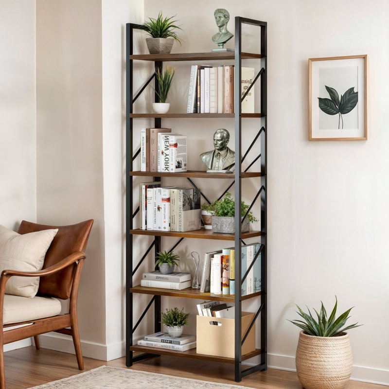  Industrial Brown 5 Tier Metal Bookcase with X Brace Frame Freestanding Shelf Organizer for Living Room, Home Office, or Bedroom