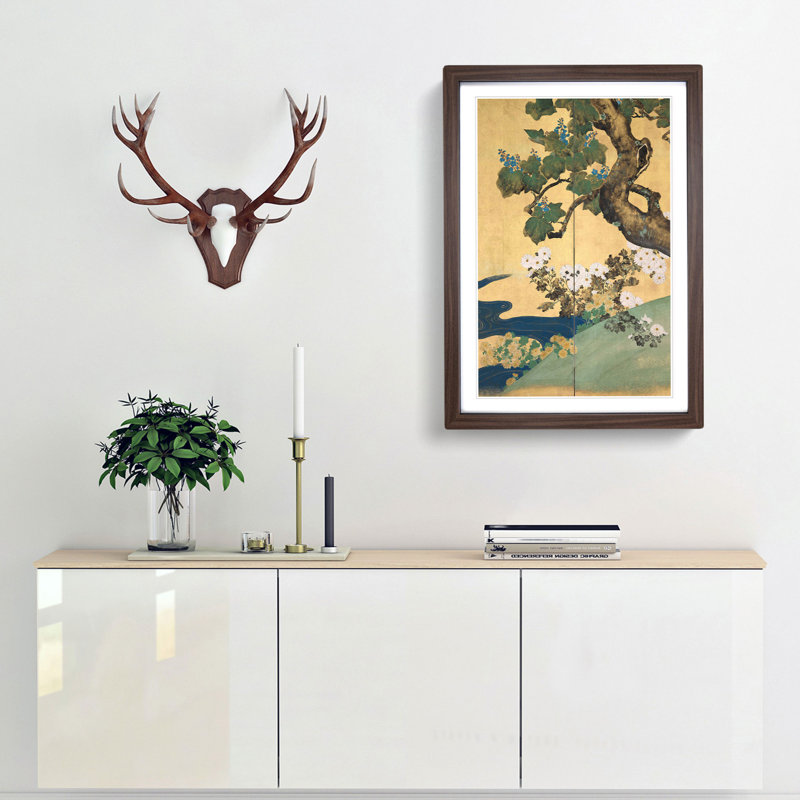 Chrysanthemums by Sakai Hoitsu - Picture Frame Painting Print, 87cm H x 62cm W x 2cm D, Walnut Framed