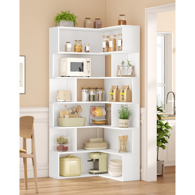 Corner Bookshelf, 6-Tier Corner Bookcase with Baffles, Bookcase with Baffles Etagere Shelf Storage Rack, Suitable for Home Offices, Living Rooms, Bedrooms, and Kitchens, White
