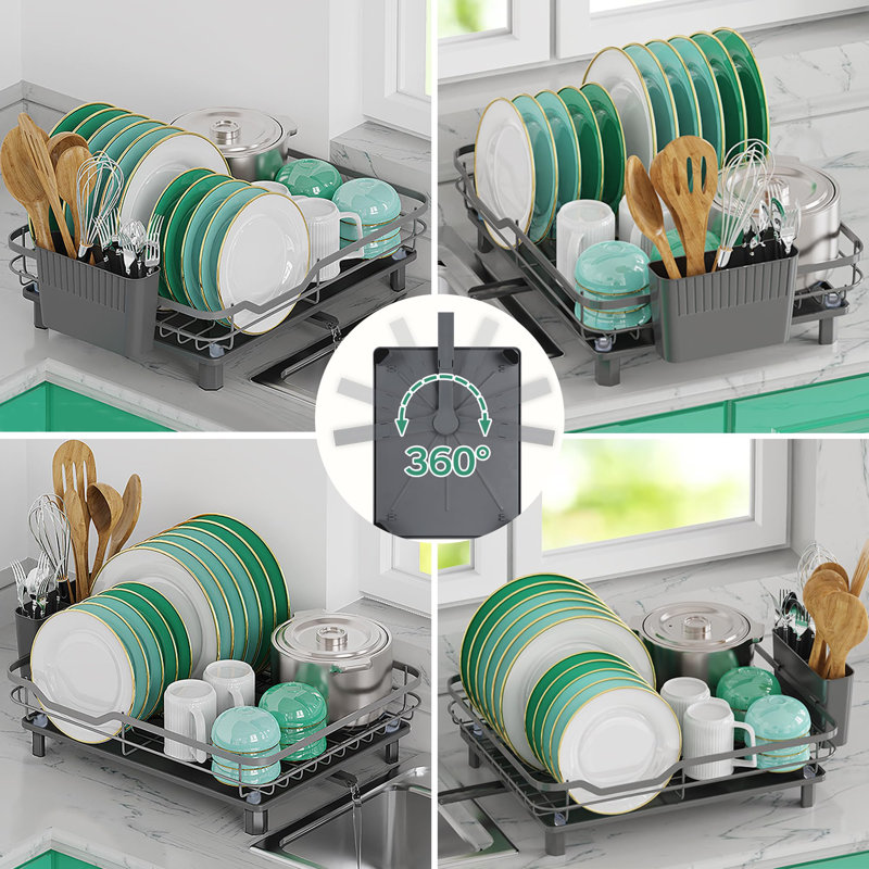 Dark Gray Stainless Steel Dish Drying Rack with Utensil Holder