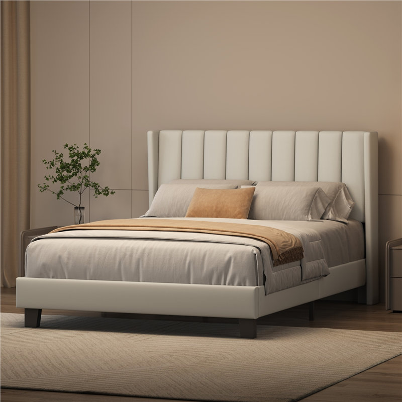 Upholstered Bed Frame with Channel Tufted Headboard, Double (4'6), PU Leather/Cream