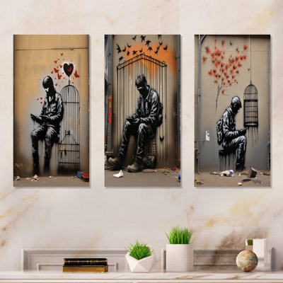 Black Urban Solitude Pop Street Art I - Man Metal Wall Decor Set Of 3