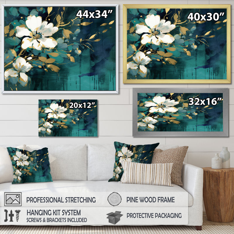 Plantes blanches bleu sarcelle dans le chaos III - art mural floral, H 12 po x l 20 po x P 1 po, Cadre flottant blanc