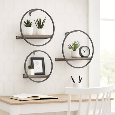 Decorative Round Metal Hanging Wall Shelf Sculpture for Home Decor - Modern Wall Art Accent for Office and Living Room - Set of 3, 16", 14", 12", Black