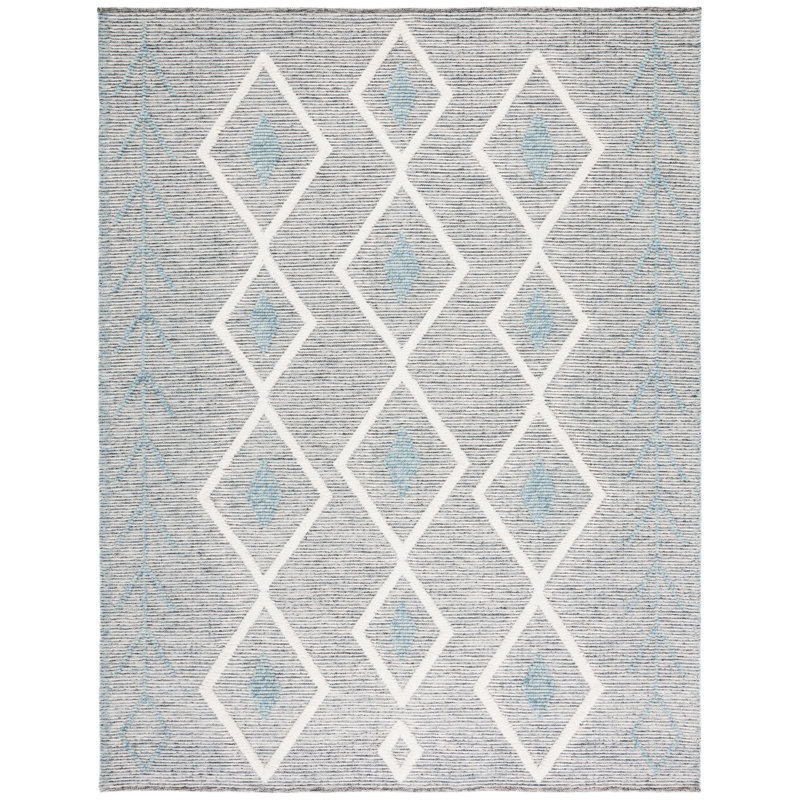 Vermont Hand Loomed Wool/Cotton Southwestern Rug in Ivory/Blue, Rectangle 3' x 5'