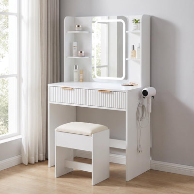 Makeup Vanity Desk with Power Outlet, 2 Fluted Drawers, 1 Stool | Vanity Table Set with Cushioned-Stool, 3-Color LED Mirror, 2 AC Outlets & USB, Hair Dryer Rack, Wooden Dressing Table