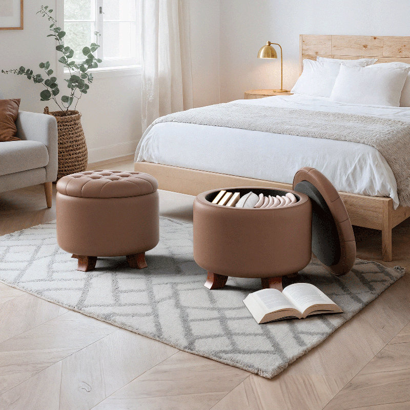 Upholstered Storage Ottoman Bench, PU Leather Button Tufted Ottoman Footrest Stool for Living Room, Brown