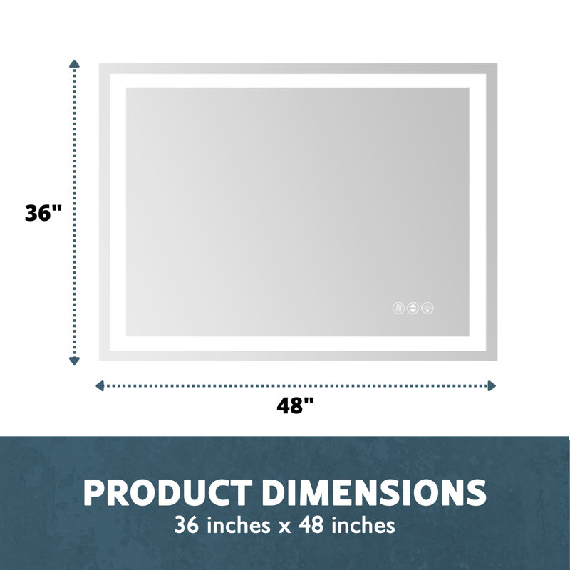 Miroir de luxe rectangulaire à DEL pour salle de bain / à intensité variable, antibuée, incassable, 36 po x 48 po
