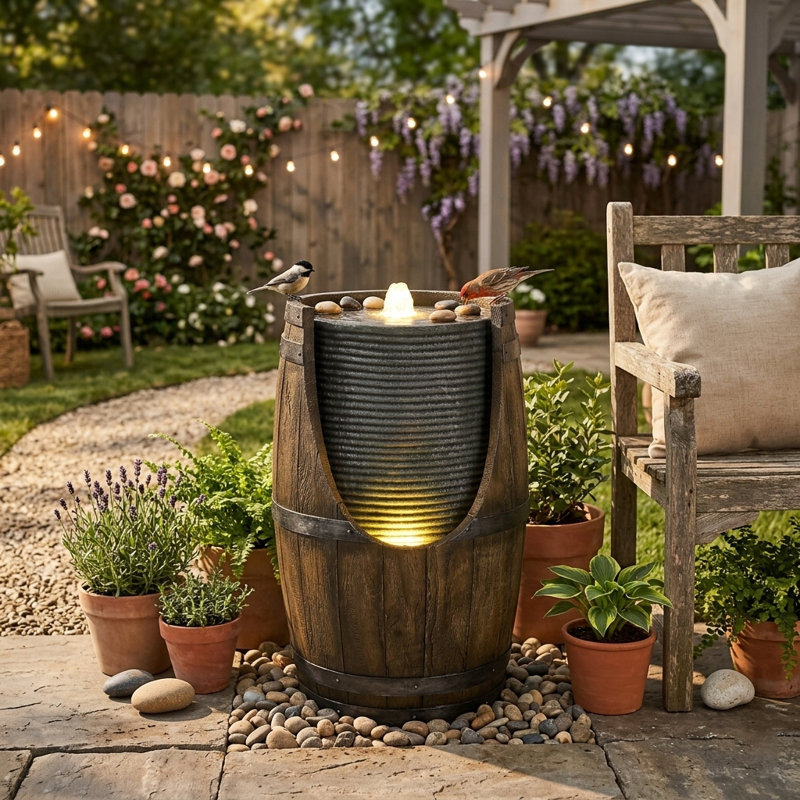 Rustic Barrel Outdoor Water Fountain with Bird Waterer, Warm LED Lights, and Weather-Resistant Polyresin Garden Waterfall