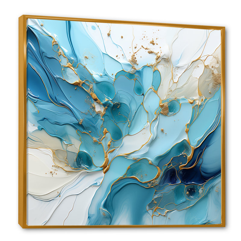 Bleu et blanc, charme de glacier - formes abstraites, art mural, H 16 po x l 16 po x P 1 po, Cadre flottant doré
