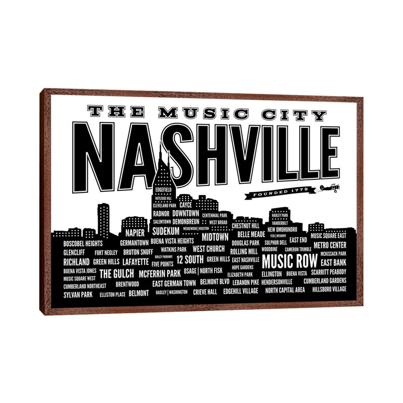 Nashville Neighborhoods 1 Piece Wall Art on Canvas, 45.72cm H x 66.04cm W x 3.81cm D, Brown Floater Framed