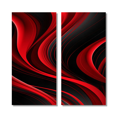Happy Streams Minimal Red Black - Abstract Modern Waves Wall Art For Living Room, Red Abstract Canvas Print 2 Piece