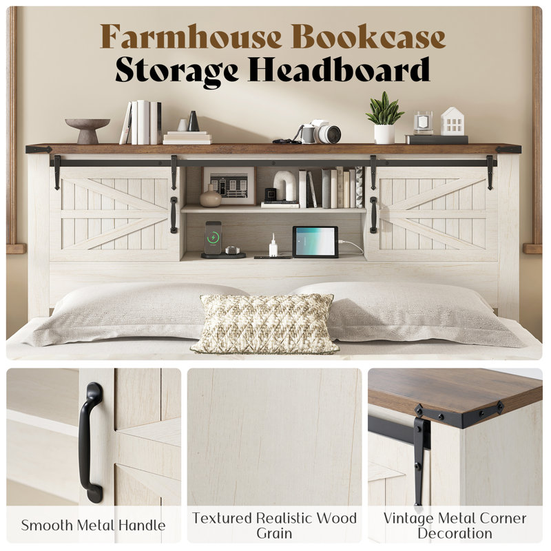  4-piece Farmhouse & Barn Door Design Bedroom Set, King Size, White, White/Oak, King