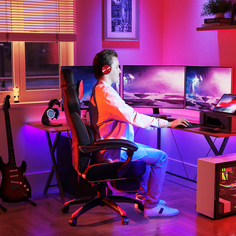 Songmics Adjustable Reclining Ergonomic Faux Leather Swiveling PC & Racing Game Chair with Footrest, Black/Red