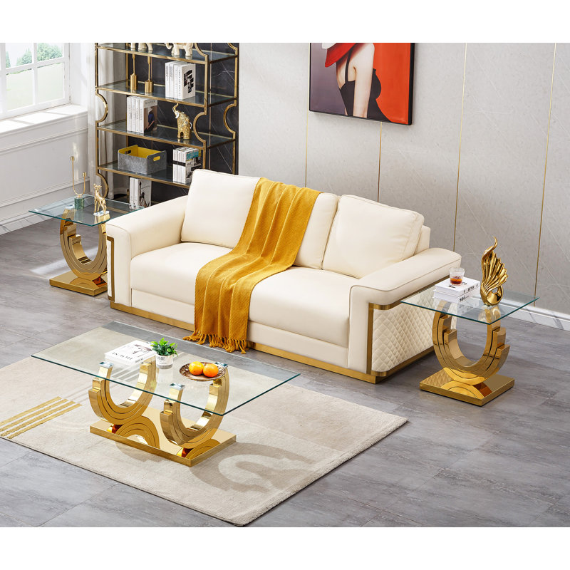 3 Piece Glass Coffee Table Set, Modern Living Room Table Set with 1 Coffee Table & 2 End Tables, Luxury Glass Coffee and End Table Set with 3C-Shape Stainless Steel Base for Home Office
