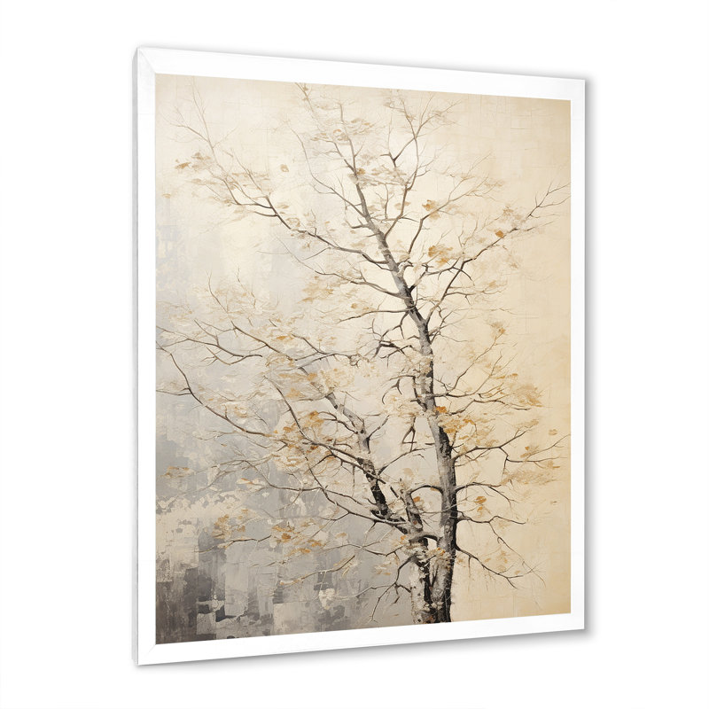Chêne beige arbres solitude I - grand art mural chêne, Cadre simple blanc, H 32 po x l 24 po x P 1 po