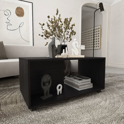 Table basse rectangulaire de 36 po de largeur en noir, avec fonction de construction et mobile pour table de salon, pièce spacieuse avec structure à tablettes